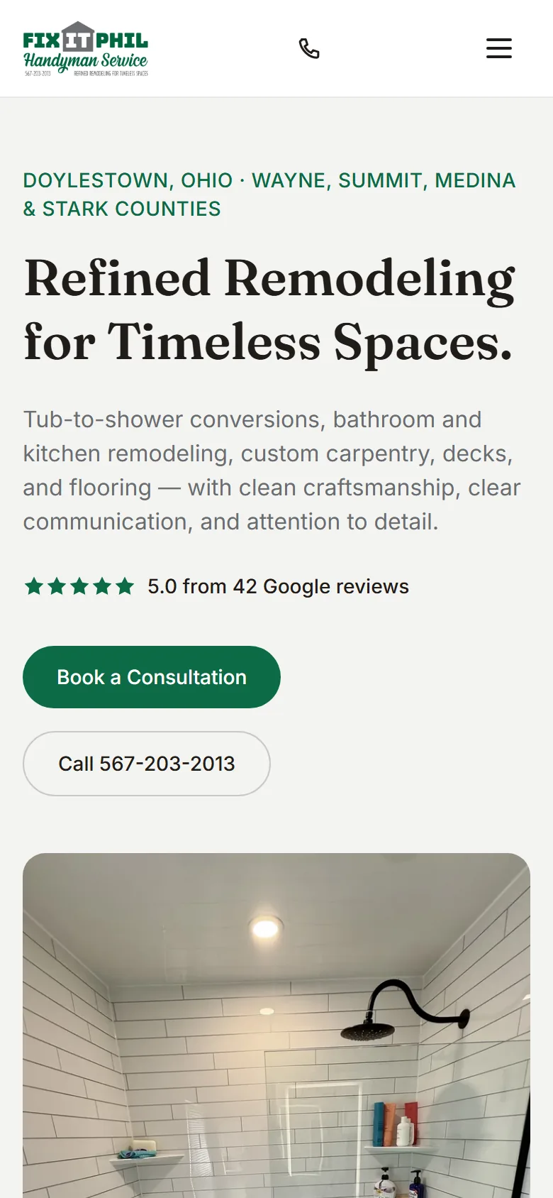 Current Fix It Phil mobile homepage with readable service information and prominent contact buttons