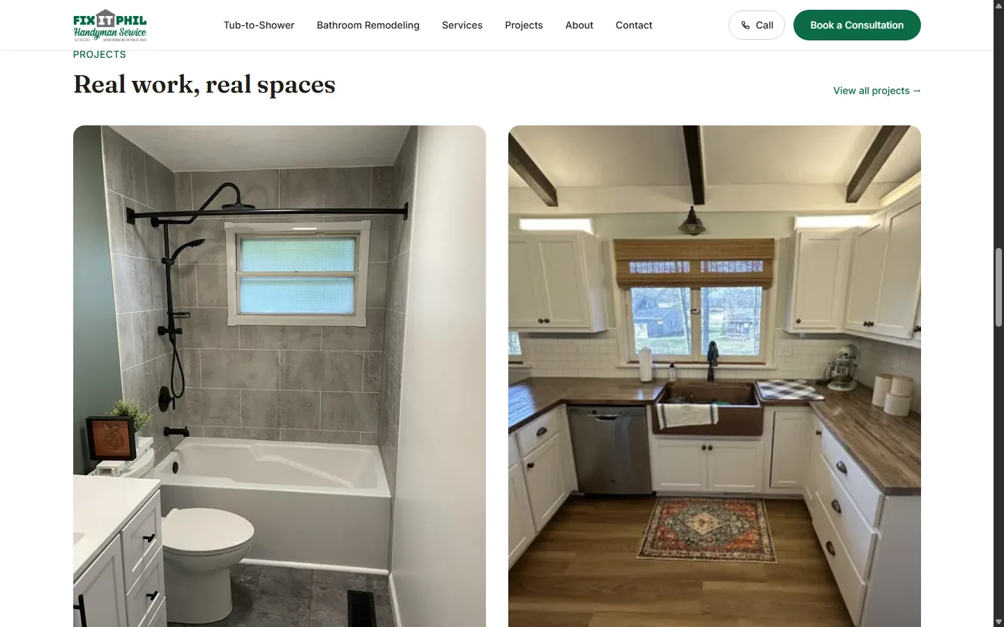 Fix It Phil project gallery showing completed bathroom and kitchen work on the current website